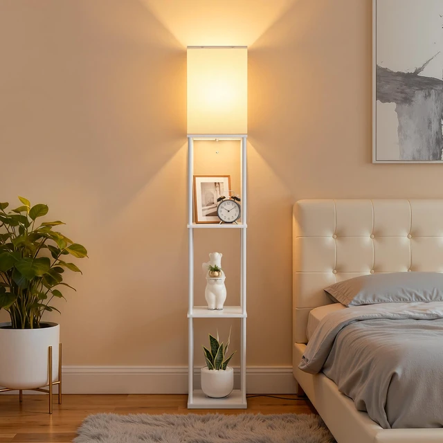 Alt view image 6 of 7 - Floor Lamp with Shelves, 3-Tier Modern Square Bookshelf Standing Lamp White 3 Color Temperature Bulb Included, Pull Chain Tall Lamp for Living Room Bedroom Corner Office Apartment Decor