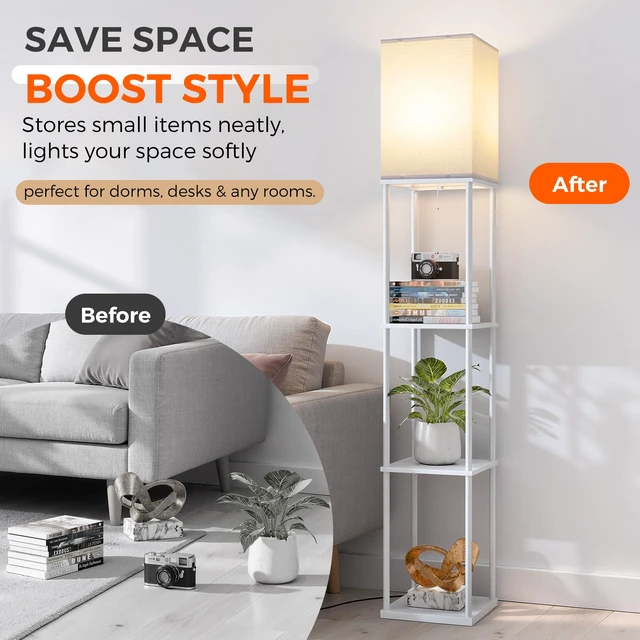 Alt view image 5 of 7 - Floor Lamp with Shelves, 3-Tier Modern Square Bookshelf Standing Lamp White 3 Color Temperature Bulb Included, Pull Chain Tall Lamp for Living Room Bedroom Corner Office Apartment Decor
