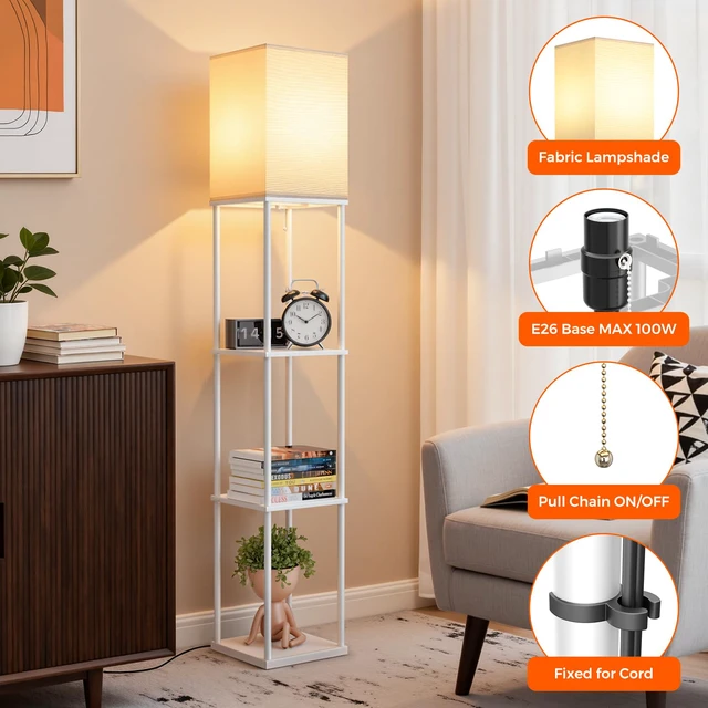 Alt view image 4 of 7 - Floor Lamp with Shelves, 3-Tier Modern Square Bookshelf Standing Lamp White 3 Color Temperature Bulb Included, Pull Chain Tall Lamp for Living Room Bedroom Corner Office Apartment Decor