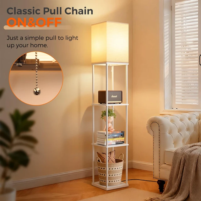 Alt view image 7 of 7 - Floor Lamp with Shelves, 3-Tier Modern Square Bookshelf Standing Lamp White 3 Color Temperature Bulb Included, Pull Chain Tall Lamp for Living Room Bedroom Corner Office Apartment Decor