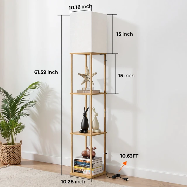 Alt view image 3 of 7 - Floor Lamp with Shelves, 3-Tier Modern Square Bookshelf Standing Lamp Wood 3 Color Temperature Bulb Included, Pull Chain Tall Lamp for Living Room Bedroom Corner Office Apartment Decor