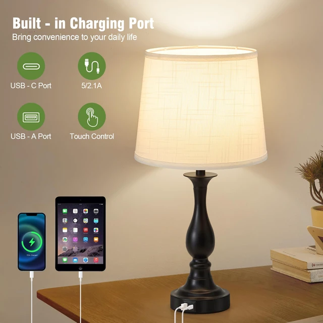 Alt view image 7 of 7 - Bedside Table Lamp Touch Control Bedroom Lamps with USB A + C Charging Port 3 Way Dimmable Touch Lamps for Nightstand Living Room Bedroom Dorm Home Office Reading, Set of 2 (White Shade & Black Base)
