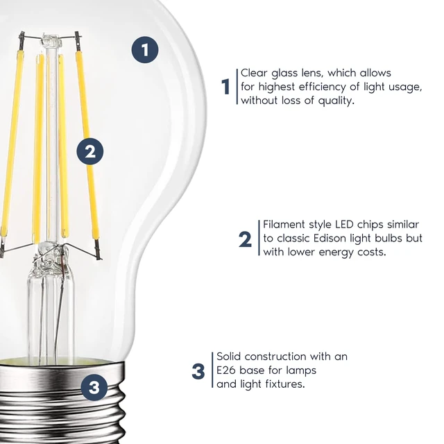 Alt view image 5 of 7 - Vintage A19 LED Light Bulbs 60W Equivalent, 5000K Dimmable (4 Pack) Bright White, 800 Lumens, Standard LED Edison Bulb 8W, UL Listed, E26 Base, Damp Rated, 330° Beam Angle, 10,000-Hour Life