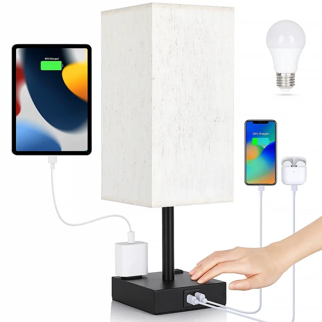 Main image of Bedside Table Lamp for Bedroom - Touch Small Lamp with USB C+A Charging Ports & AC Outlets, 3 Way Dimmable Nightstand Light for Living Room (LED Bulb Included, Flaxen)