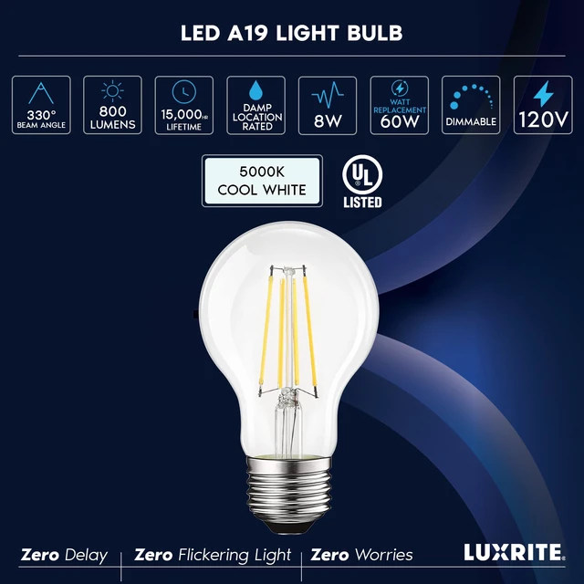 Alt view image 7 of 7 - Vintage A19 LED Light Bulbs 60W Equivalent, 5000K Dimmable (4 Pack) Bright White, 800 Lumens, Standard LED Edison Bulb 8W, UL Listed, E26 Base, Damp Rated, 330° Beam Angle, 10,000-Hour Life