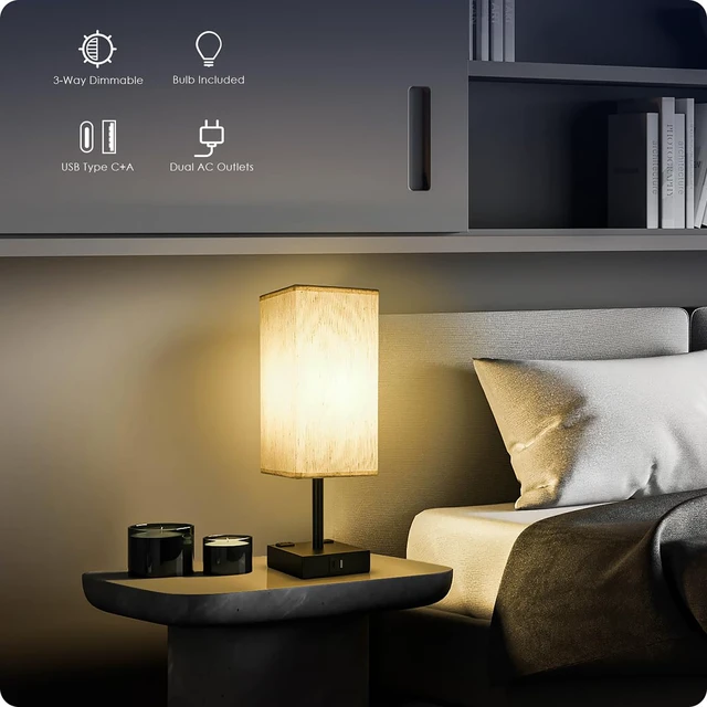 Alt view image 2 of 7 - Bedside Table Lamps Set of 2 - Touch Nightstand Lamp for Bedroom with USB C+A Charging Ports & AC Outlets, 3-Way Dimmable Desk Lamp Flaxen Fabric Shade for Living Room Office(Bulb Included)