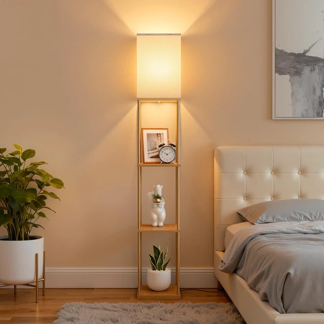 Alt view image 7 of 7 - Floor Lamp with Shelves, 3-Tier Modern Square Bookshelf Standing Lamp Wood 3 Color Temperature Bulb Included, Pull Chain Tall Lamp for Living Room Bedroom Corner Office Apartment Decor