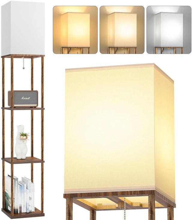 Main image of Floor Lamp with Shelves, 3-Tier Square Bookshelf Standing Lamp Rustic Brown 3 Color Temperature Bulb Included, Modern Pull Chain Tall Lamp for Living Room Bedroom Corner Office Apartment Decor