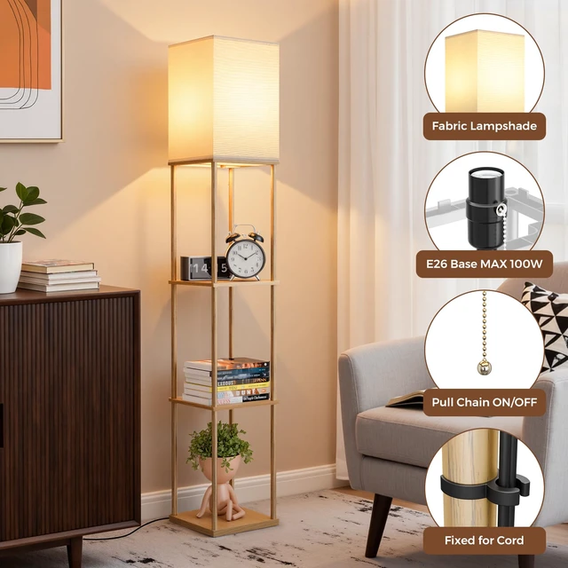 Alt view image 4 of 7 - Floor Lamp with Shelves, 3-Tier Modern Square Bookshelf Standing Lamp Wood 3 Color Temperature Bulb Included, Pull Chain Tall Lamp for Living Room Bedroom Corner Office Apartment Decor