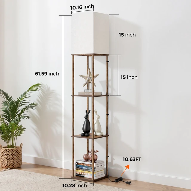 Alt view image 3 of 7 - Floor Lamp with Shelves, 3-Tier Square Bookshelf Standing Lamp Rustic Brown 3 Color Temperature Bulb Included, Modern Pull Chain Tall Lamp for Living Room Bedroom Corner Office Apartment Decor