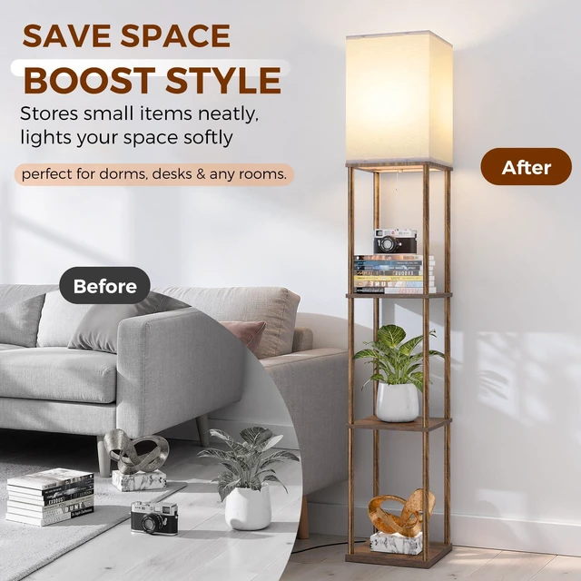 Alt view image 5 of 7 - Floor Lamp with Shelves, 3-Tier Square Bookshelf Standing Lamp Rustic Brown 3 Color Temperature Bulb Included, Modern Pull Chain Tall Lamp for Living Room Bedroom Corner Office Apartment Decor