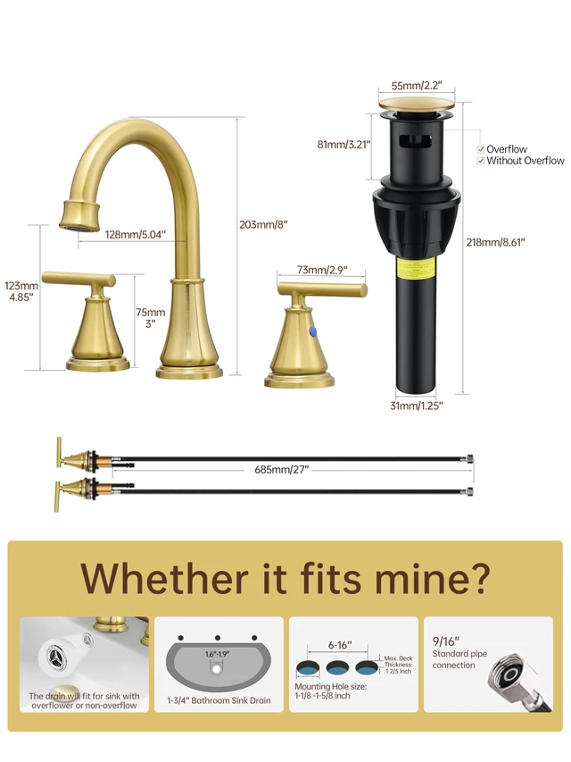 Alt view image 3 of 7 - Widespread Bathroom Faucet 3 Hole, Brushed Gold Faucet with Pop-up Drain Multi-Certified Reliable Faucet with Detachable Faucet Aerator Widely Fits 6-16 inch 3-hole sinks