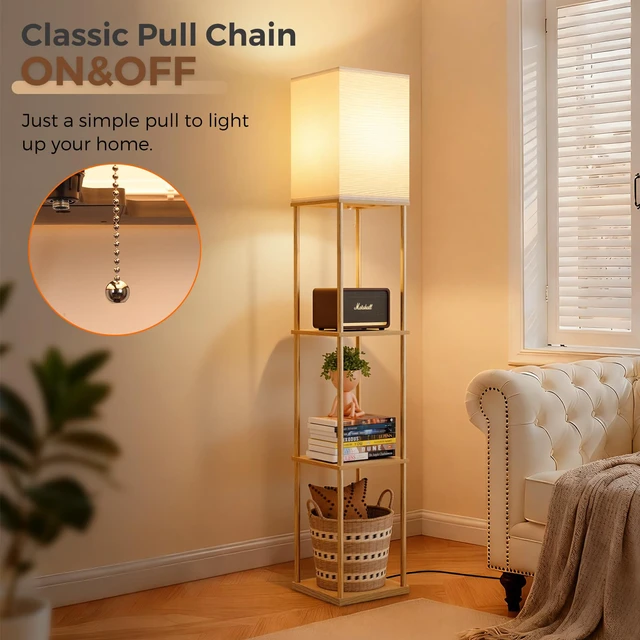 Alt view image 6 of 7 - Floor Lamp with Shelves, 3-Tier Modern Square Bookshelf Standing Lamp Wood 3 Color Temperature Bulb Included, Pull Chain Tall Lamp for Living Room Bedroom Corner Office Apartment Decor