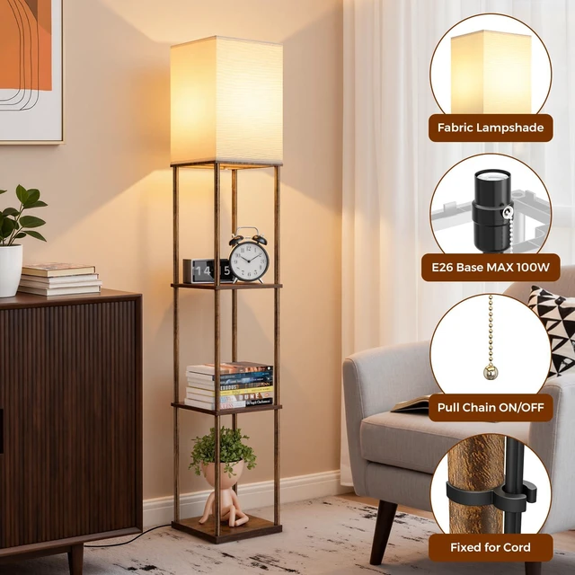 Alt view image 4 of 7 - Floor Lamp with Shelves, 3-Tier Square Bookshelf Standing Lamp Rustic Brown 3 Color Temperature Bulb Included, Modern Pull Chain Tall Lamp for Living Room Bedroom Corner Office Apartment Decor