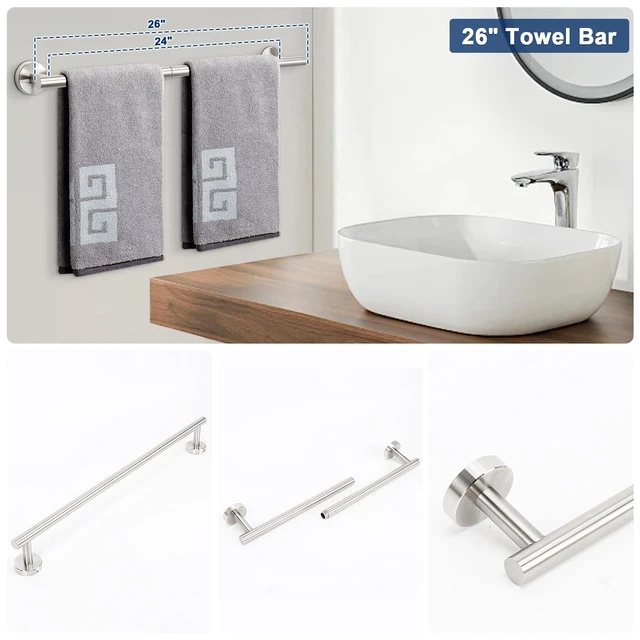 Alt view image 4 of 7 - 10 Pieces Bathroom Hardware Set SUS304 Thicken Stainless Steel-Towel Rack Kit Include 26" Towel Rod + Bath Towel Ring + Toilet Paper Holder + Robe Towel Hooks Bath Accessories (Nickel)