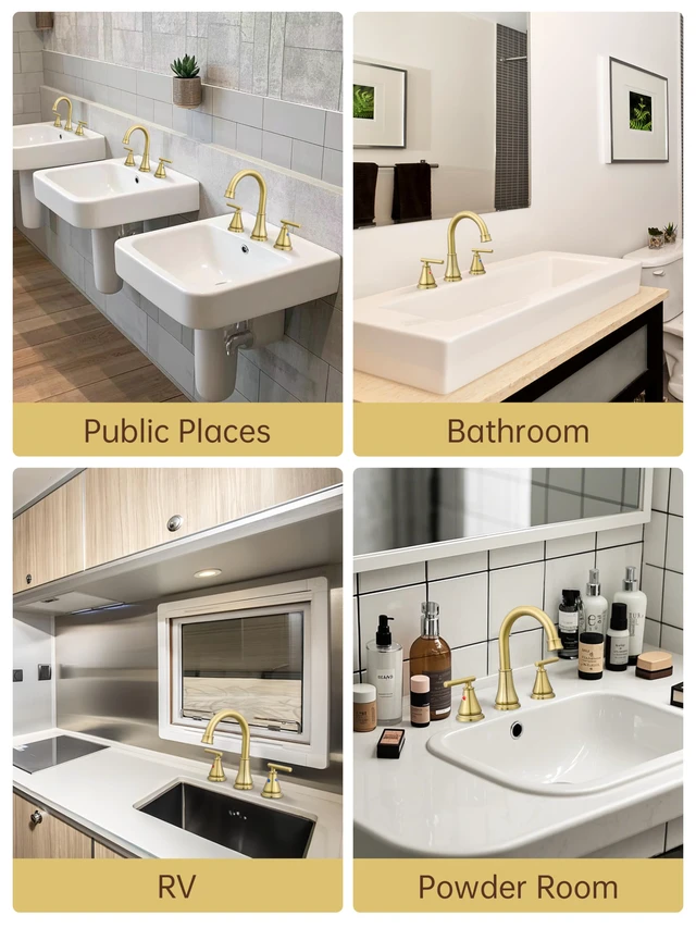 Alt view image 4 of 7 - Widespread Bathroom Faucet 3 Hole, Brushed Gold Faucet with Pop-up Drain Multi-Certified Reliable Faucet with Detachable Faucet Aerator Widely Fits 6-16 inch 3-hole sinks