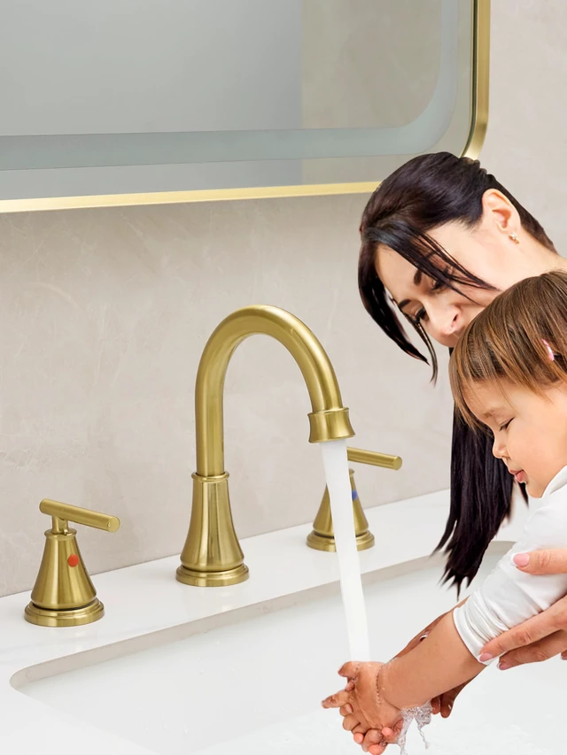 Alt view image 2 of 7 - Widespread Bathroom Faucet 3 Hole, Brushed Gold Faucet with Pop-up Drain Multi-Certified Reliable Faucet with Detachable Faucet Aerator Widely Fits 6-16 inch 3-hole sinks