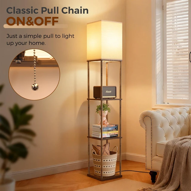 Alt view image 6 of 7 - Floor Lamp with Shelves, 3-Tier Square Bookshelf Standing Lamp Rustic Brown 3 Color Temperature Bulb Included, Modern Pull Chain Tall Lamp for Living Room Bedroom Corner Office Apartment Decor
