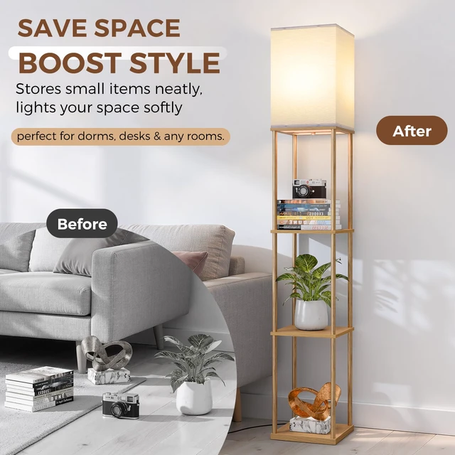 Alt view image 5 of 7 - Floor Lamp with Shelves, 3-Tier Modern Square Bookshelf Standing Lamp Wood 3 Color Temperature Bulb Included, Pull Chain Tall Lamp for Living Room Bedroom Corner Office Apartment Decor