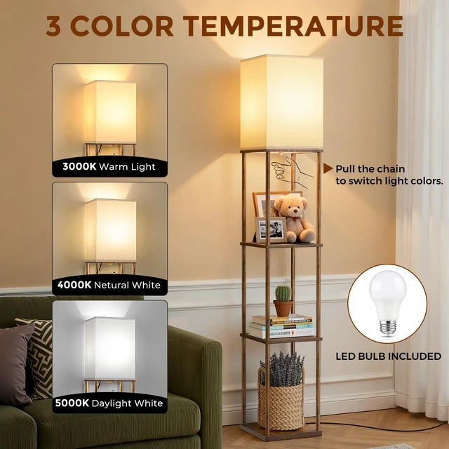 Alt view image 2 of 7 - Floor Lamp with Shelves, 3-Tier Square Bookshelf Standing Lamp Rustic Brown 3 Color Temperature Bulb Included, Modern Pull Chain Tall Lamp for Living Room Bedroom Corner Office Apartment Decor