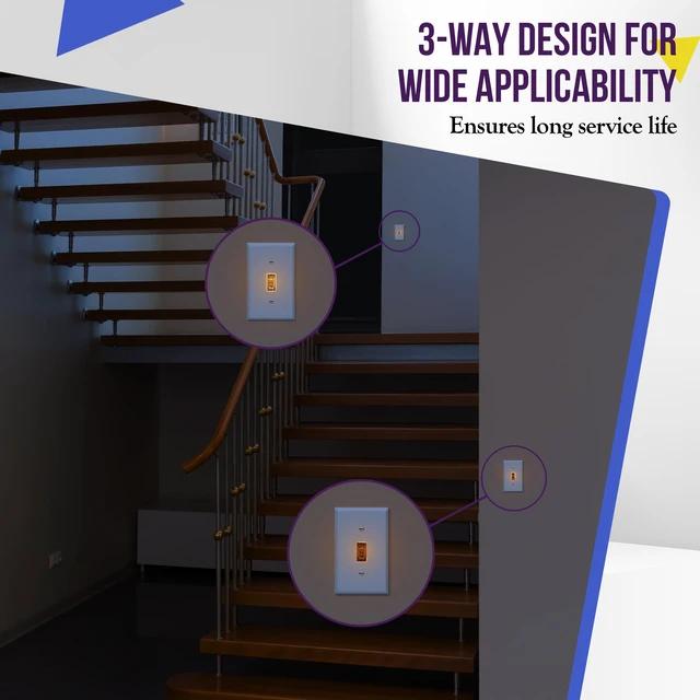 Alt view image 5 of 7 - 3-Way Illuminated Toggle Light Switch, 15 Amp, 10 Pack Clear toggle lighted switch, gentle orange glow from edges, dark-space navigation, UL Listed, easy to install, versatile use