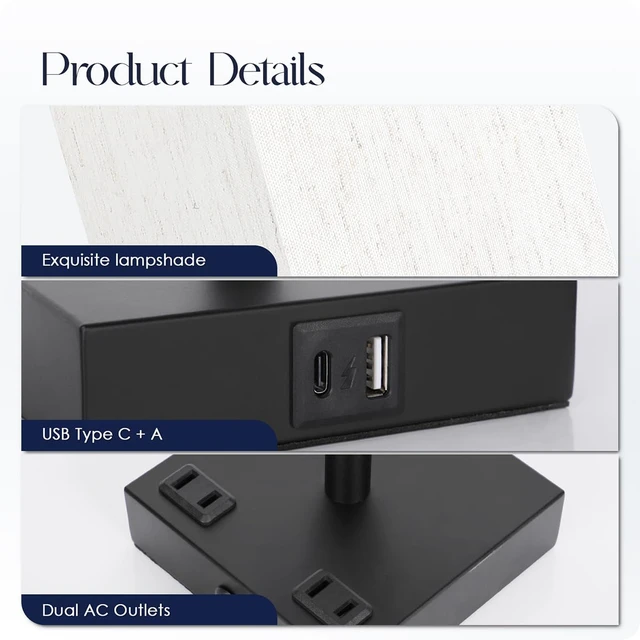 Alt view image 5 of 7 - Bedside Table Lamps Set of 2 - Touch Nightstand Lamp for Bedroom with USB C+A Charging Ports & AC Outlets, 3-Way Dimmable Desk Lamp Flaxen Fabric Shade for Living Room Office(Bulb Included)