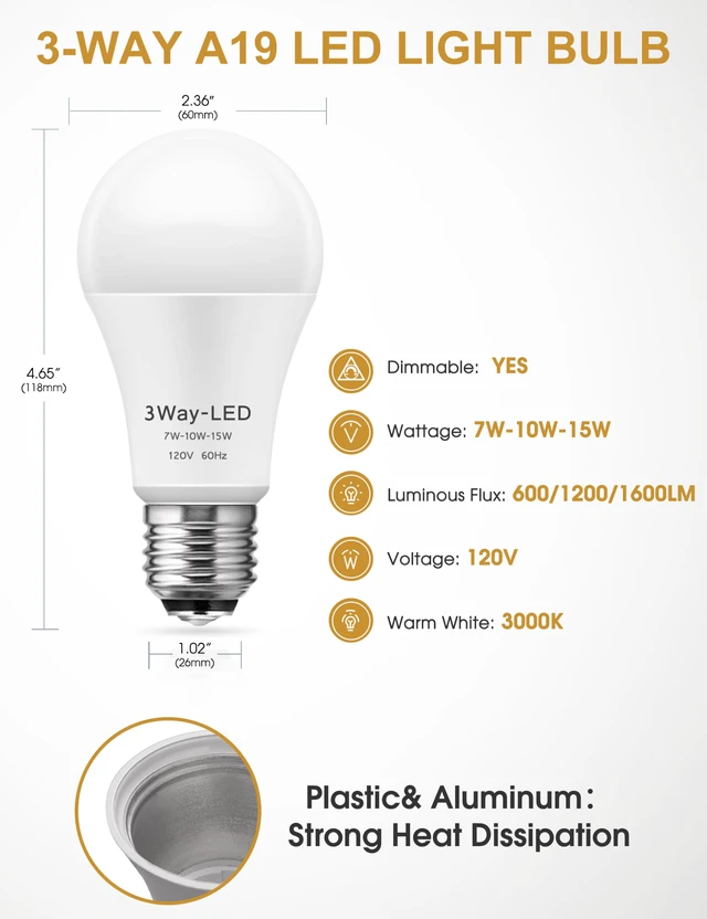 Alt view image 5 of 7 - 3 Way LED Light Bulbs 4 Pack Soft White 3000K 50/100/150 Watt A19 3 Way Light Bulbs, Three Way Light Bulbs, E26 Base 3-Way Light for Indoor Light Bulb for Reading