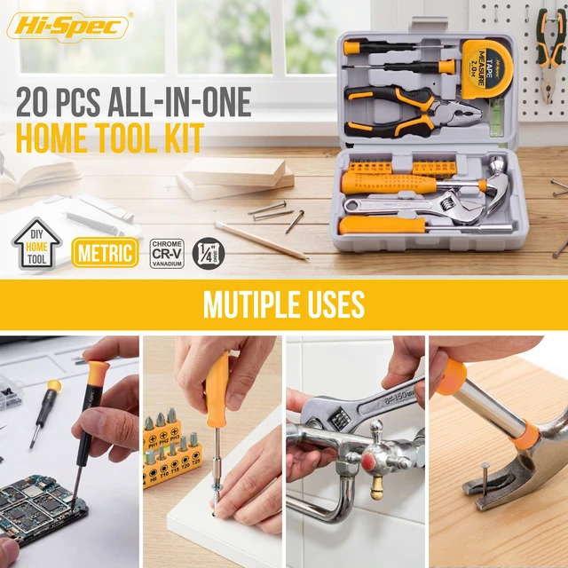 Alt view image 6 of 7 - Tool Set with Toolbox for Home, Office and DIY Repairs, Yellow 20pc, everyday fixes made easier, organized portable storage, beginner-friendly selection, apartment and office tasks, tidy