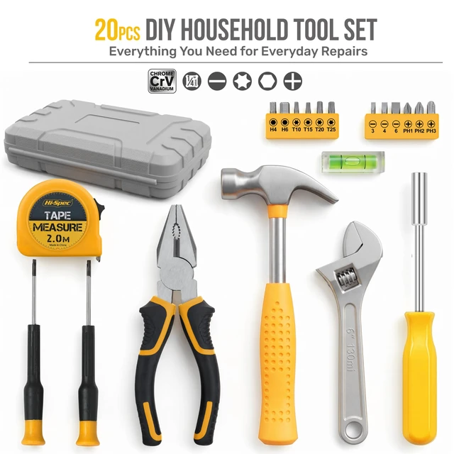 Alt view image 3 of 7 - Tool Set with Toolbox for Home, Office and DIY Repairs, Yellow 20pc, everyday fixes made easier, organized portable storage, beginner-friendly selection, apartment and office tasks, tidy