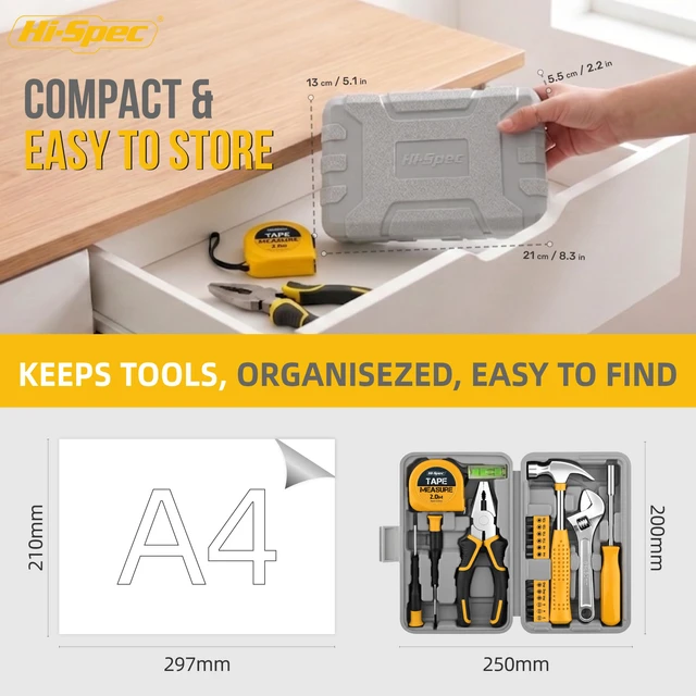 Alt view image 2 of 7 - Tool Set with Toolbox for Home, Office and DIY Repairs, Yellow 20pc, everyday fixes made easier, organized portable storage, beginner-friendly selection, apartment and office tasks, tidy