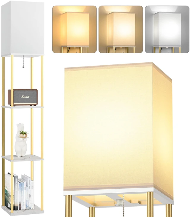 Main image of Floor Lamp with Shelves, 3-Tier Square Bookshelf Standing Lamp White & Gold 3 Color Temperature Bulb Included, Pull Chain Mid Century Tall Lamp for Living Room Bedroom Corner Office Apartment Decor