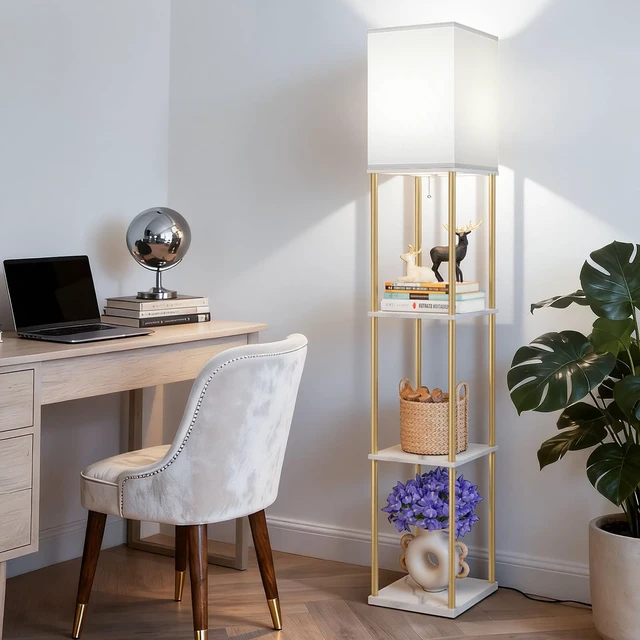 Alt view image 7 of 7 - Floor Lamp with Shelves, 3-Tier Square Bookshelf Standing Lamp White & Gold 3 Color Temperature Bulb Included, Pull Chain Mid Century Tall Lamp for Living Room Bedroom Corner Office Apartment Decor