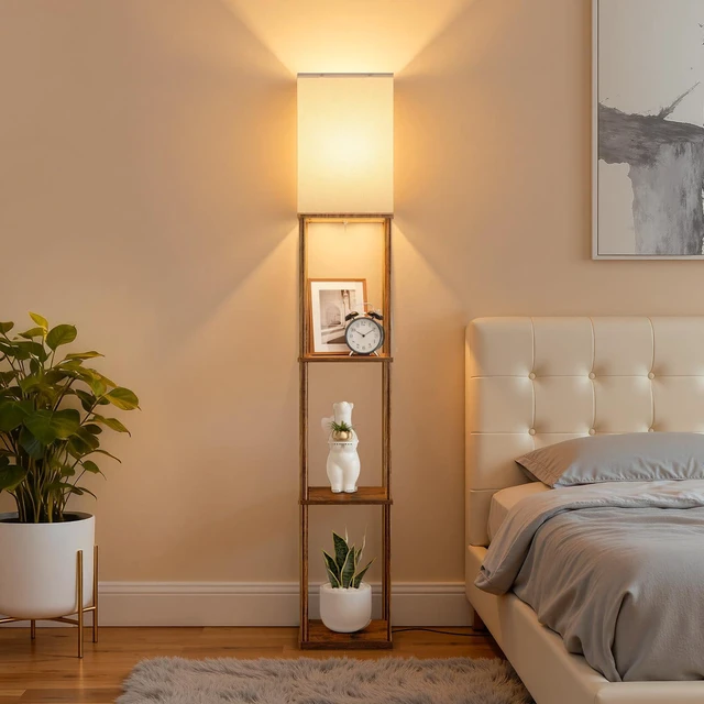 Alt view image 7 of 7 - Floor Lamp with Shelves, 3-Tier Square Bookshelf Standing Lamp Rustic Brown 3 Color Temperature Bulb Included, Modern Pull Chain Tall Lamp for Living Room Bedroom Corner Office Apartment Decor
