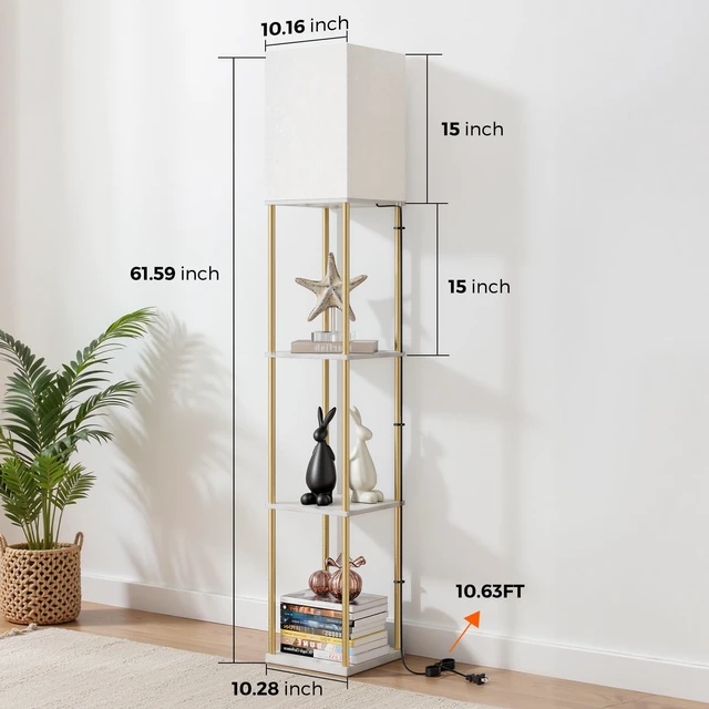 Alt view image 4 of 7 - Floor Lamp with Shelves, 3-Tier Square Bookshelf Standing Lamp White & Gold 3 Color Temperature Bulb Included, Pull Chain Mid Century Tall Lamp for Living Room Bedroom Corner Office Apartment Decor