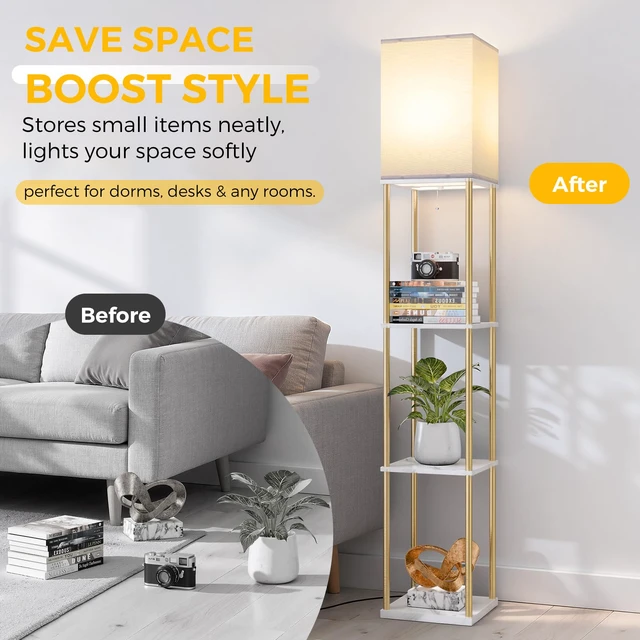 Alt view image 3 of 7 - Floor Lamp with Shelves, 3-Tier Square Bookshelf Standing Lamp White & Gold 3 Color Temperature Bulb Included, Pull Chain Mid Century Tall Lamp for Living Room Bedroom Corner Office Apartment Decor
