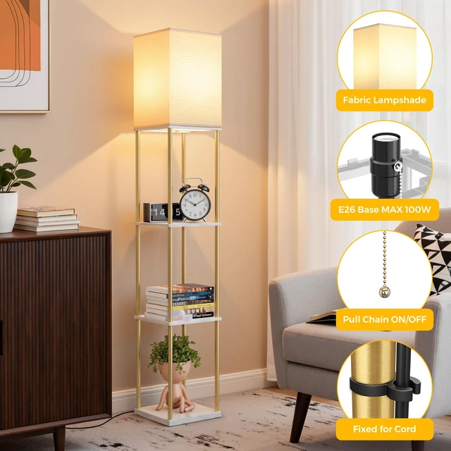 Alt view image 5 of 7 - Floor Lamp with Shelves, 3-Tier Square Bookshelf Standing Lamp White & Gold 3 Color Temperature Bulb Included, Pull Chain Mid Century Tall Lamp for Living Room Bedroom Corner Office Apartment Decor