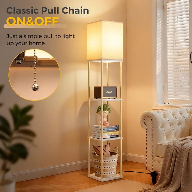 Alt view image 6 of 7 - Floor Lamp with Shelves, 3-Tier Square Bookshelf Standing Lamp White & Gold 3 Color Temperature Bulb Included, Pull Chain Mid Century Tall Lamp for Living Room Bedroom Corner Office Apartment Decor