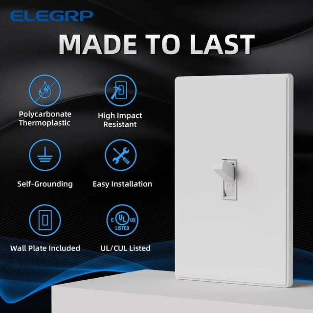 Alt view image 2 of 7 - Single Pole Glossy Toggle Light Switch with Matte Mid Screwless Plate, 15A 120V, Toggle Framed AC Quiet Wall Switch, On/Off, Self-Grounding, Residential Grade, UL (5 Pack, White)