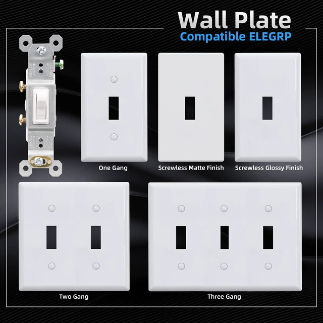 Alt view image 3 of 7 - Single Pole Glossy Toggle Light Switch with Matte Mid Screwless Plate, 15A 120V, Toggle Framed AC Quiet Wall Switch, On/Off, Self-Grounding, Residential Grade, UL (5 Pack, White)