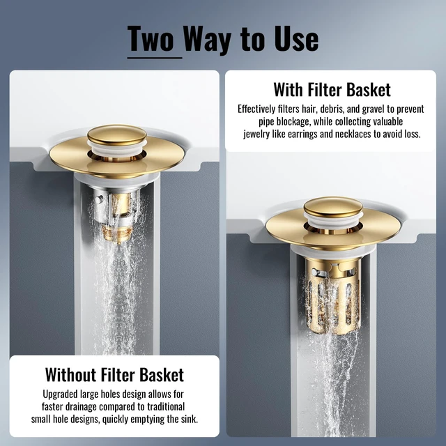 Alt view image 3 of 7 - Heavy-Duty All-Metal Sink Stopper & Drain Strainer for Bathroom, Anti-Clog Anti Drain Flies/Smell Blocking/Easy Cleaning/2-Pack/Dual Drainage Modes/Pop-Up Design/Fits 1.1"2.36" Drain