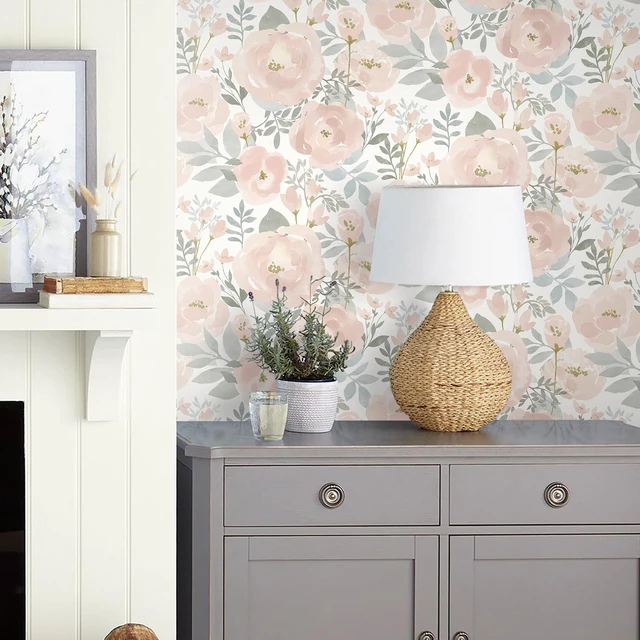 Alt view image 4 of 7 - Peel and Stick Wallpaper Peony Floral Wallpaper 17.3in x393.7in Floral Contact Paper Self Adhesive Removable Wall paper for Bedroom Laundry Room, Light Pink