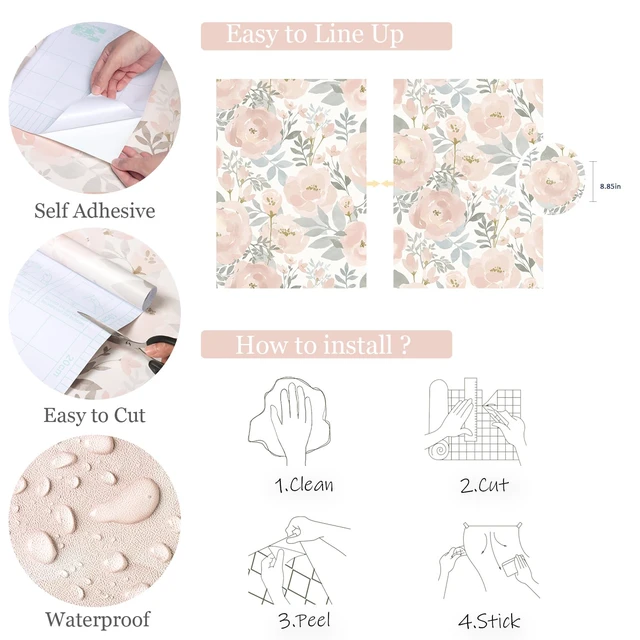 Alt view image 5 of 7 - Peel and Stick Wallpaper Peony Floral Wallpaper 17.3in x393.7in Floral Contact Paper Self Adhesive Removable Wall paper for Bedroom Laundry Room, Light Pink