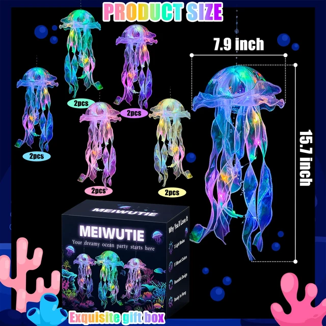 Alt view image 2 of 7 - Jellyfish Decor - 10 PCS Light up Jellyfish Lanterns, Ocean Decor Hanging Jelly Fish for Mermaid Birthday Decorations, Under the Sea Party Decorations, Classroom Ceilings Ocean Themed Gifts