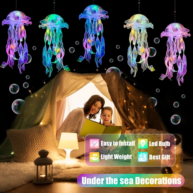 Alt view image 4 of 7 - Jellyfish Decor - 10 PCS Light up Jellyfish Lanterns, Ocean Decor Hanging Jelly Fish for Mermaid Birthday Decorations, Under the Sea Party Decorations, Classroom Ceilings Ocean Themed Gifts