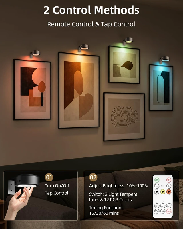 Alt view image 3 of 7 - Picture RGB Lights for Wall, Rechargeable Magnetic with Remote (Black-6P) 1500mAh rechargeable magnetic lights with 3 color temperatures, dimming and timer for paintings, posters, frames and wall art