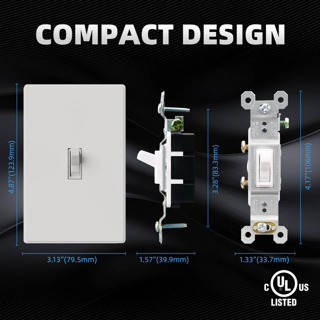 Alt view image 4 of 7 - Single Pole Glossy Toggle Light Switch with Matte Mid Screwless Plate, 15A 120V, Toggle Framed AC Quiet Wall Switch, On/Off, Self-Grounding, Residential Grade, UL (5 Pack, White)