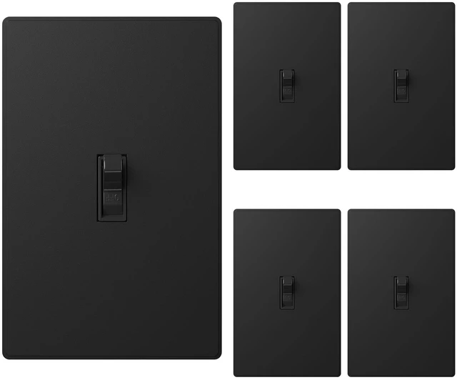 Main image of Single Pole Glossy Toggle Light Switch with Matte Mid Screwless Plate, 15A 120V, Toggle Framed AC Quiet Switch, On/Off Wall Switch, Self-Grounding, Residential Grade, UL (5 Pack, Black)