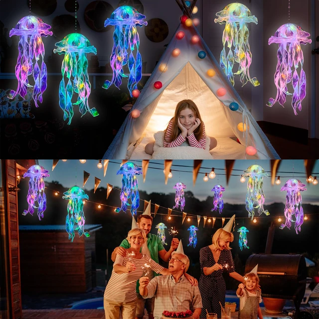 Alt view image 6 of 7 - Jellyfish Decor - 10 PCS Light up Jellyfish Lanterns, Ocean Decor Hanging Jelly Fish for Mermaid Birthday Decorations, Under the Sea Party Decorations, Classroom Ceilings Ocean Themed Gifts