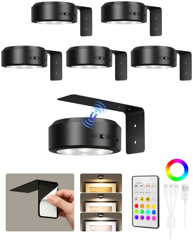 Main image of Picture RGB Lights for Wall, Rechargeable Magnetic with Remote (Black-6P) 1500mAh rechargeable magnetic lights with 3 color temperatures, dimming and timer for paintings, posters, frames and wall art