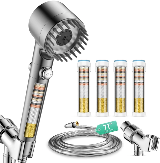 Main image of Filtered Shower Head with Handheld 4PCS Filters ShowerHead 4 Spray, High Pressure Shower Heads with ON/OFF Button, Water Softener for Hard Water, 70" Hose, Remove Chlorine